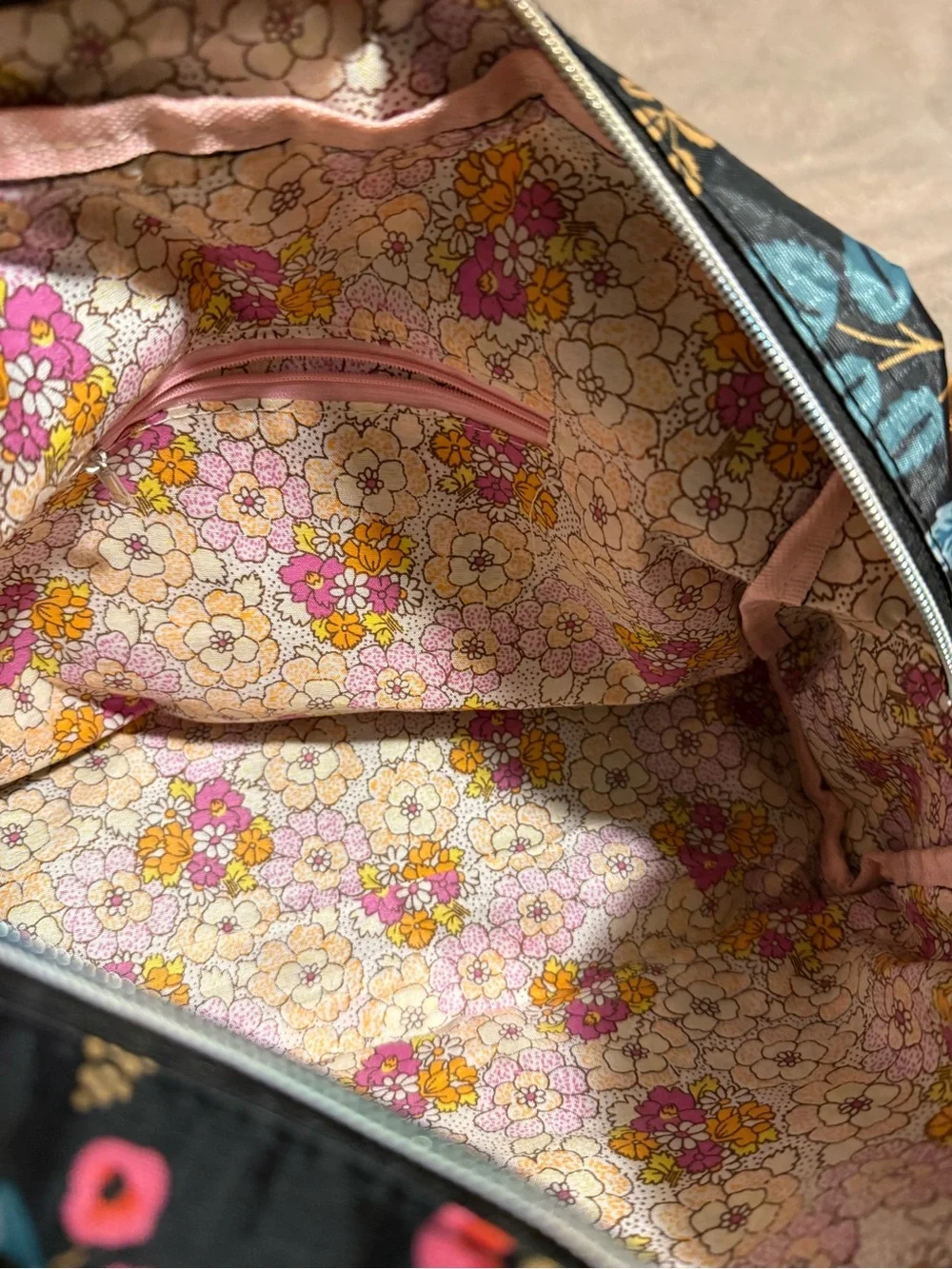 Floral Black Baby Bag with Pink and Orange Blooms
